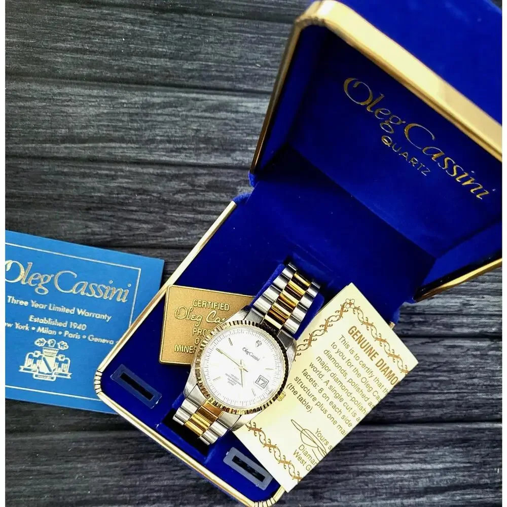 Rare Vintage Oleg Cassini Mens Diamond Watch W Box Papers‎